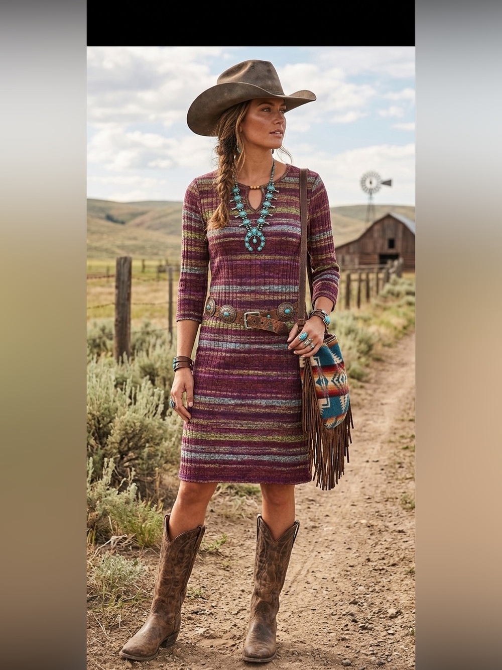 Sami & Jo Boho Striped Knit Keyhole Dress L Multicolor Western